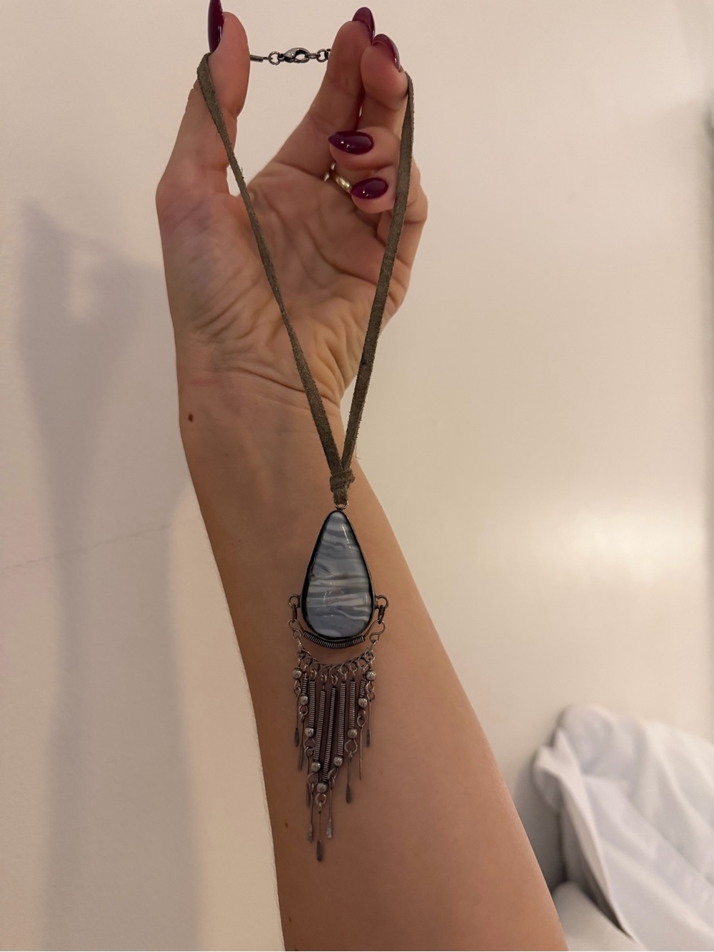 Boho Teardrop Blue Agate Pendant Necklace - Unbranded